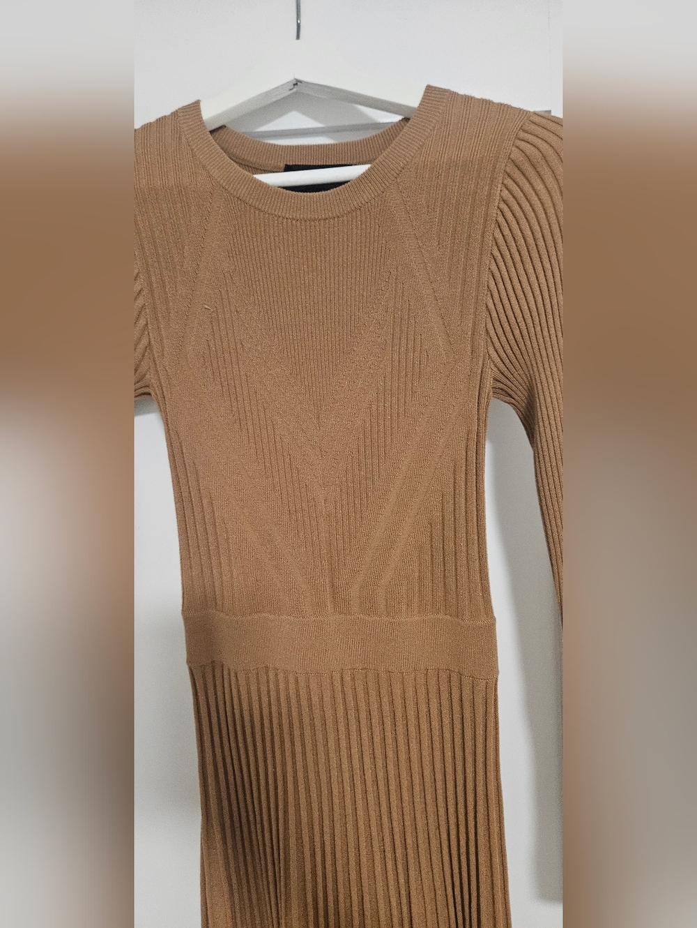 Express Ribbed Long Sleeve Knit Dress in Camel - Picture 3 of 4